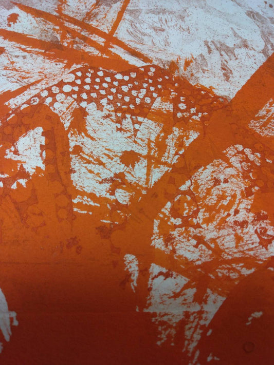 Immersed in Vermilion — copper etching plate and print detail by Yuriko Yuco Yoshikawa