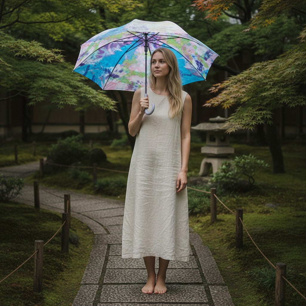 Amanogawa parasol — open canopy view showing Shibori and Splash dye pattern by Yuriko Yuco Yoshikawa
