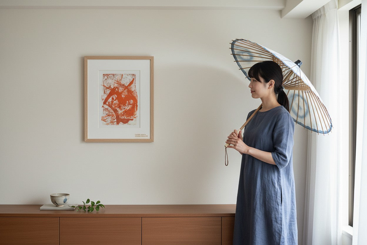 Immersed in Vermilion — framed display view of copper etching by Yuriko Yuco Yoshikawa
