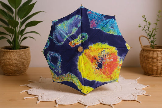 Japanese Shibori-dyed parasol Ginga (Galaxy) by Yuriko Yuco Yoshikawa — one-of-a-kind handmade art, Japan 2024
